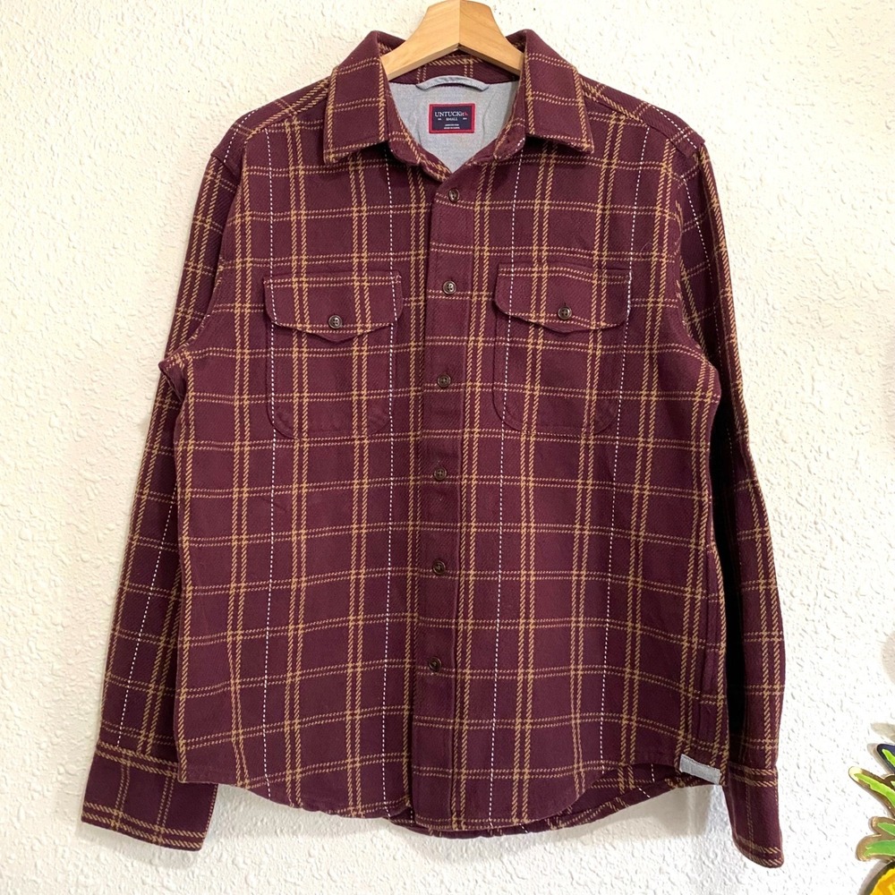 UNTUCKit Havelin Flannel Shirt Mens Small Burgundy Gold Plaid 41016 Regular Fit